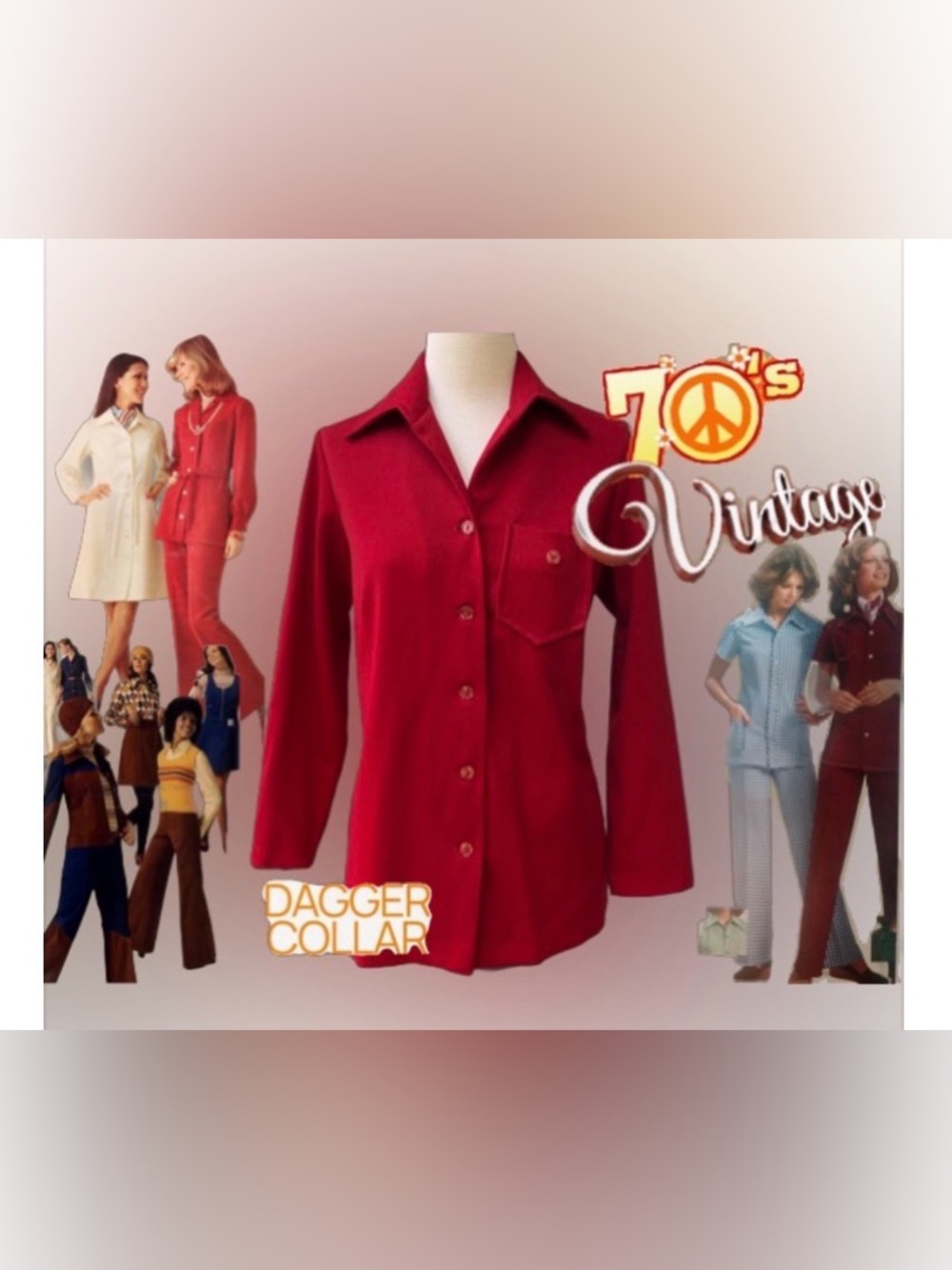 🌺Red Polyester Shirt Sears Vintage Dagger Collar Button Down🌸🌺